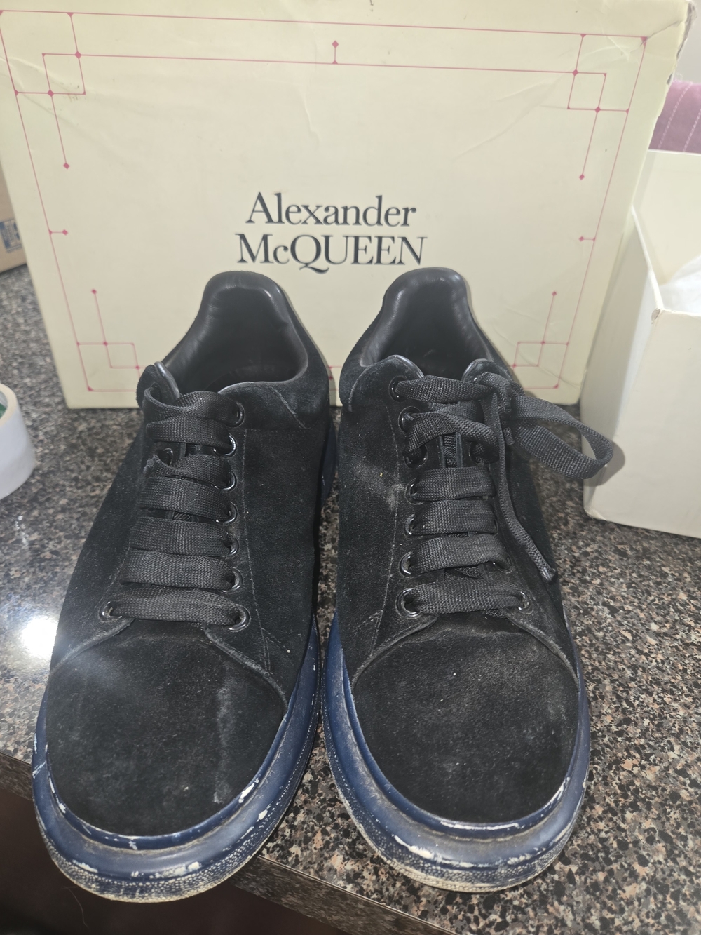 Alexander McQueen Black Suede Low-Top Sneakers with Blue Sole